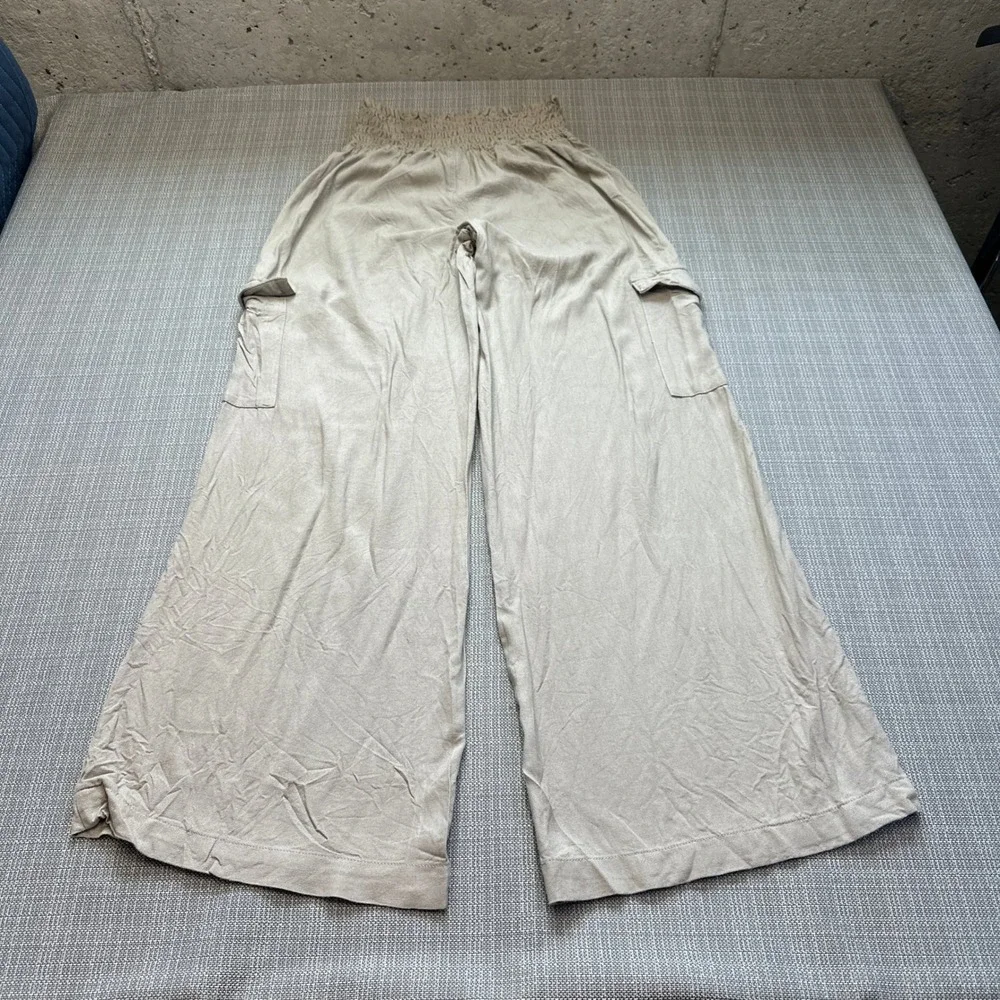 Linen Blend Cargo Pants Womens Medium Wide Leg Boho Coastal Flowy Beige